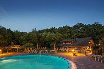 Wellnesshotel: Außenbereich Saunawelt mit Keloblockhaussauna - HEIDE SPA Hotel & Resort 